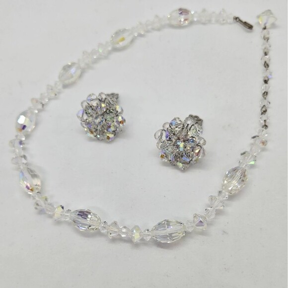 Vintage AB Crystal Necklace and Earrings set. Clip-on Earrings Hook clasp - Picture 6 of 10